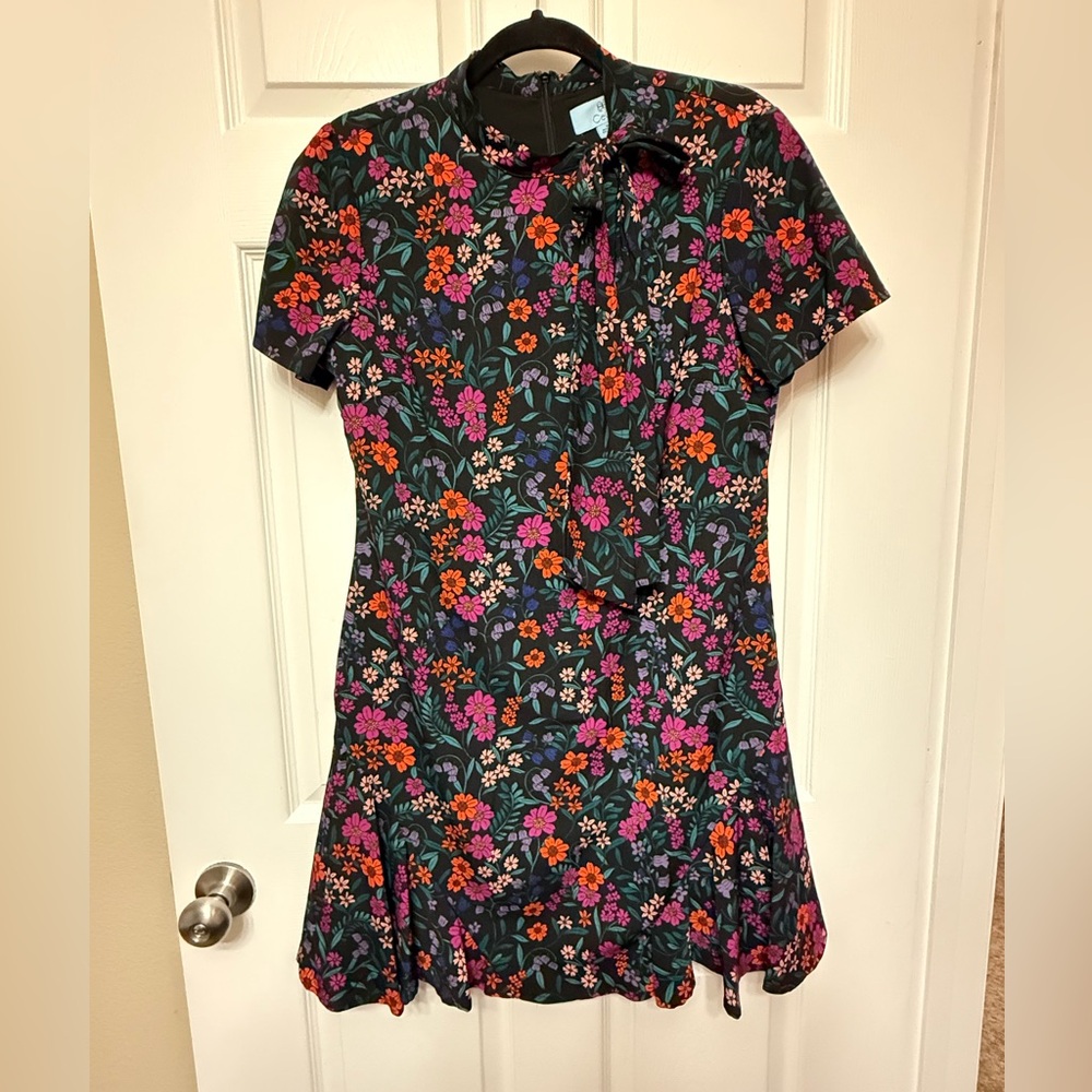 CeCe Fit and Flare Short Sleeve Black Floral Dress Size 12